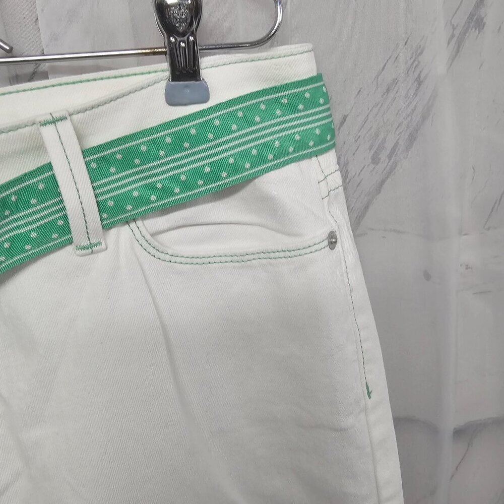 L.L. Bean White Jean Green Preppy Boot Cut Belted Cotton Jeans Size 12 - Picture 6 of 15
